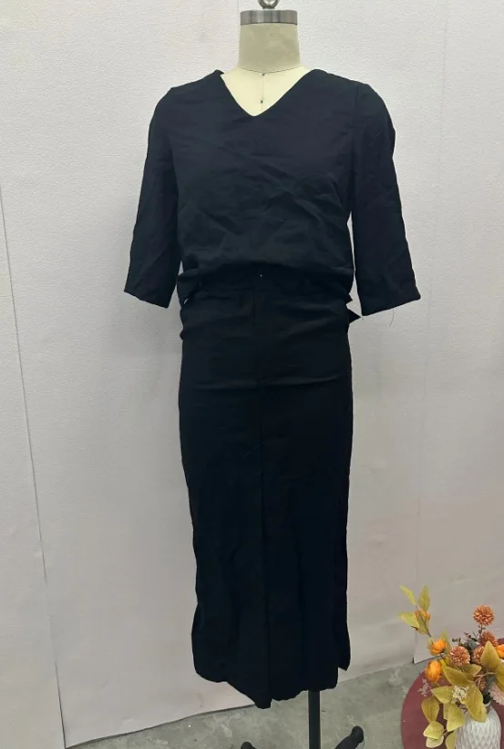 Elegant Women's 2-Piece Set 2024 Summer Loose Solid Color V-Neck Flared Sleeve Top High Waisted Straight Leg Slit Long Skirt Set