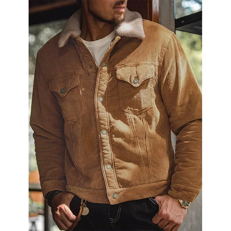 

Куртка в рубчик с карманами на подкладке и легким роскошным флисом для отдыха для мужчин, зимняя уличная одежда, режим верхнего пальто на пуговицах в стиле ретро