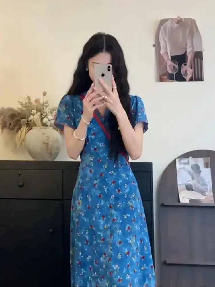 Retro V-Ne Floral Print Maxi Dr Women's Summer 2025 New Beach Vaion High-End Feeling Ele Long Dr