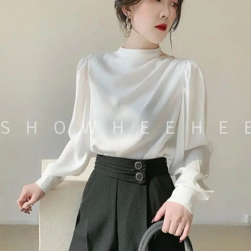 Vintage Pleated Button Patchwork Blouse Spring Autumn New Long Sleeve Solid Loose Shirt Tops Temperament Fashion Women Clothing