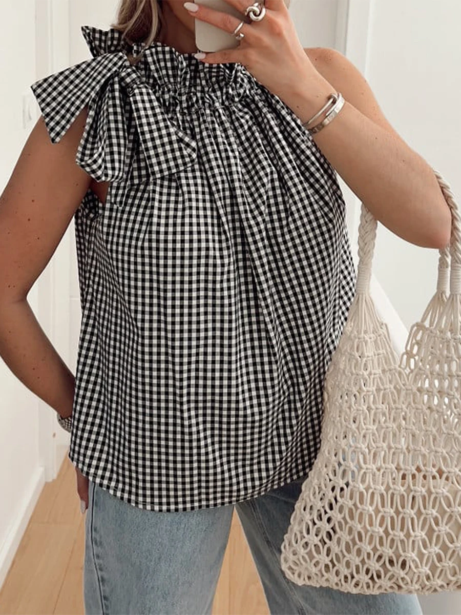 Women Y2k Halter Tank Gingham Tie Mock Neck Top Casual Bow Loose Ruffle Peplum Babydoll Sleeveless Shirt