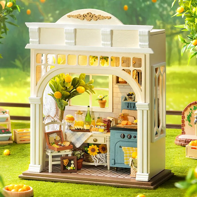 

DIY Miniature House Kit Pastoral Lemon Kitchen Cottage Wooden Handmade Assembled Dollhouse With LED Light Creative Desktop Decor