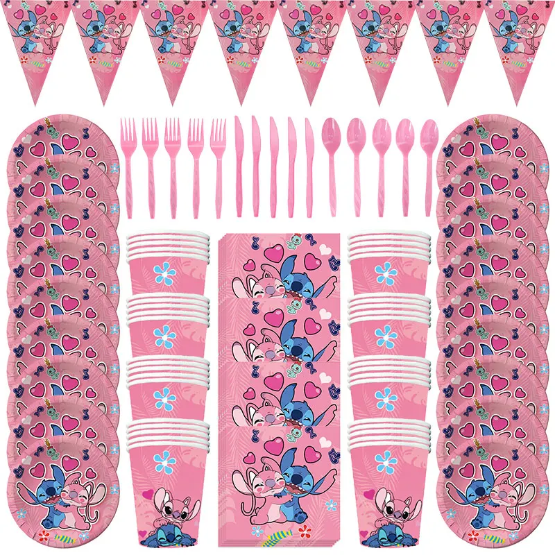 Disney Stitch Birthday Decoration Pink Angle Theme Tableware Set Paper Plates Napkins Cups for Kids Party Supplies Lilo & Stitch