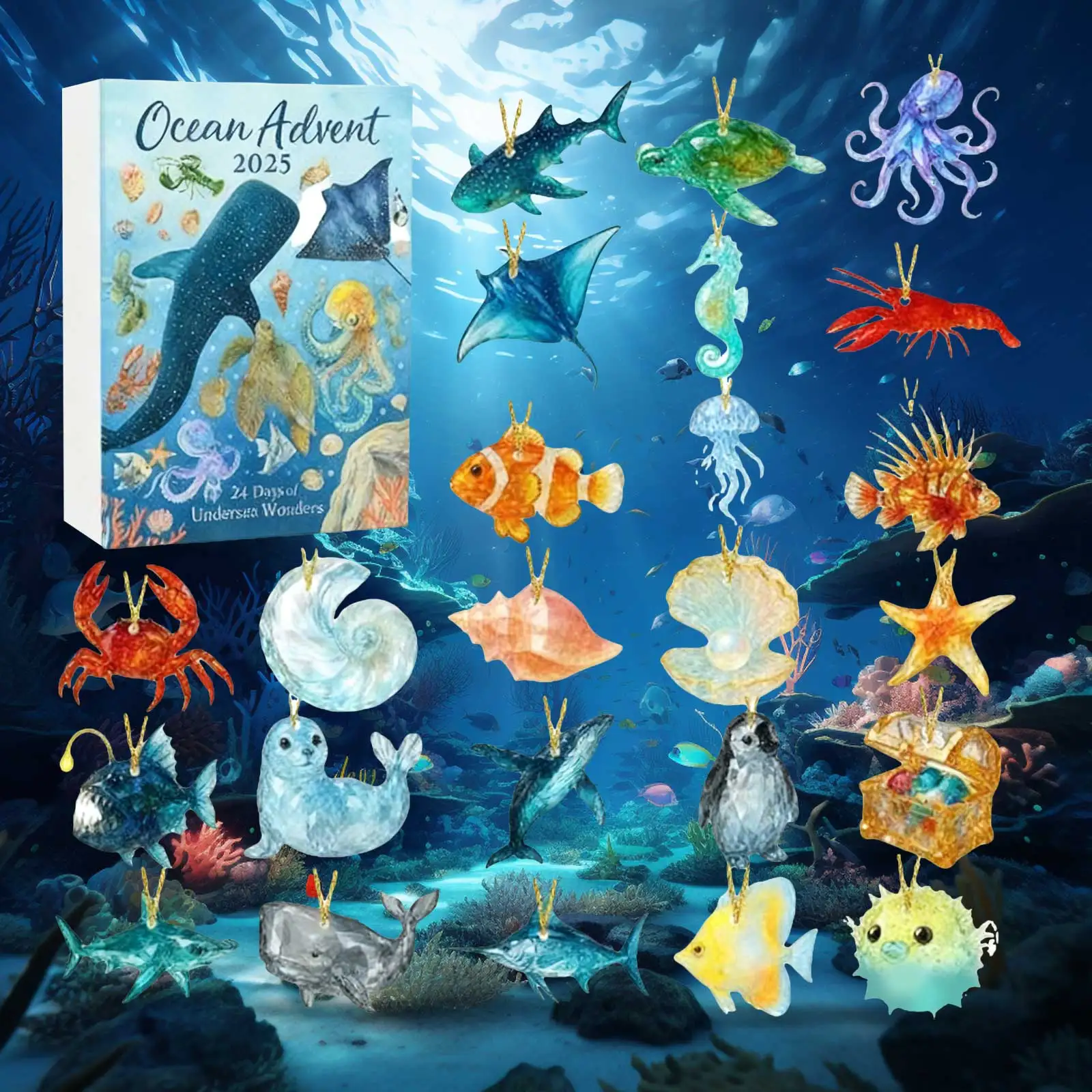 Kalendarz Adwentowy Timer Kids Games 2025 ze szkła morskiego · Ocean 24 dni z motywem oceanu, świąteczne niespodzianki, kalendarz odliczający do świąt z makijażem 2D