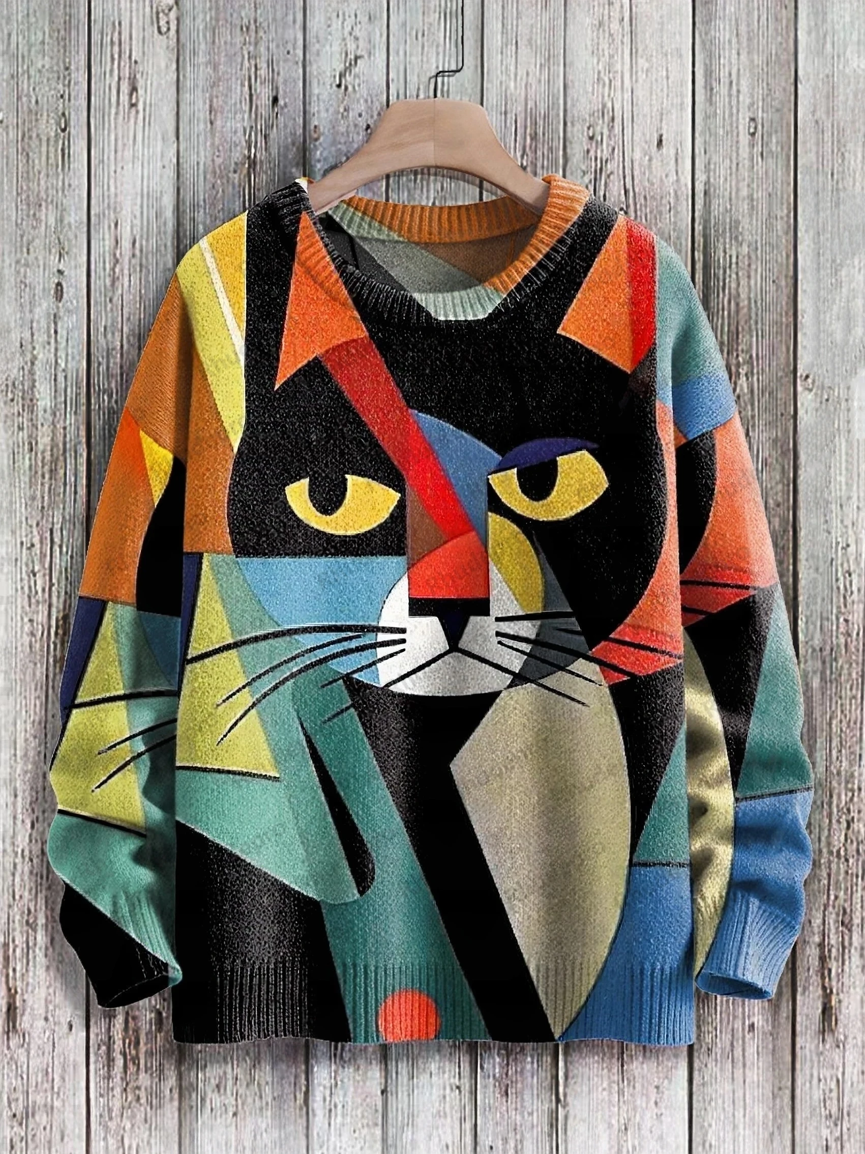 Abstract Art Cat Multicolor Print Casual Pullover Knit Sweater Women For Men Sweater Man Clothes Turtleneck sweater