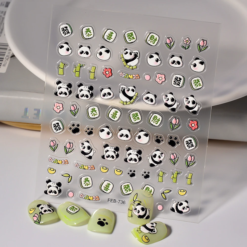 Pegatinas para uñas con diseño de Panda, calcomanías para manicura, FEB-736, 3D, 5D