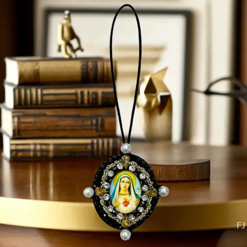 [YU]3D Glass Pendant Our Lady Mary Lanyard Accessories Bag Decoration Lanyard Beading Rhinestone Car Hanging Applique Decor