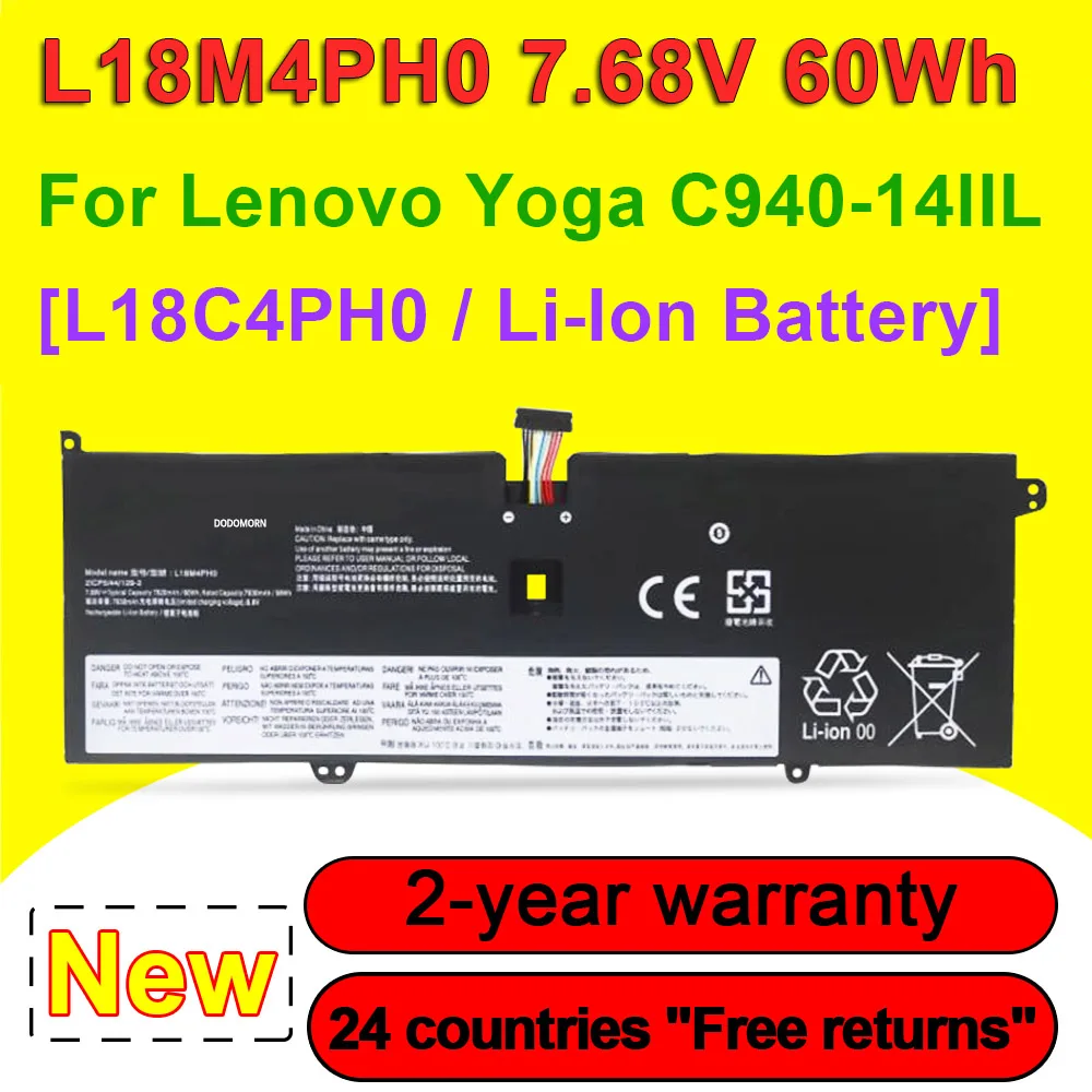 L18M4PH0 Laptop Battery For Lenovo Yoga C940-14IIL 81Q9 Series L18C4PH0 5B10T11585 5B10T11586 5B10T11686 5B10W67374 7.68V 60Wh