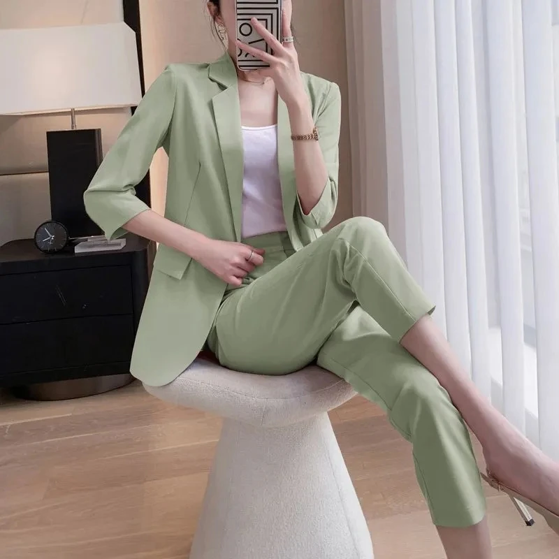 Coreano Office Lady Summer Work Thin Solid Slim Blazer Pantaloni Set da due pezzi Proffession Uniform Coat Pantaloni Abiti