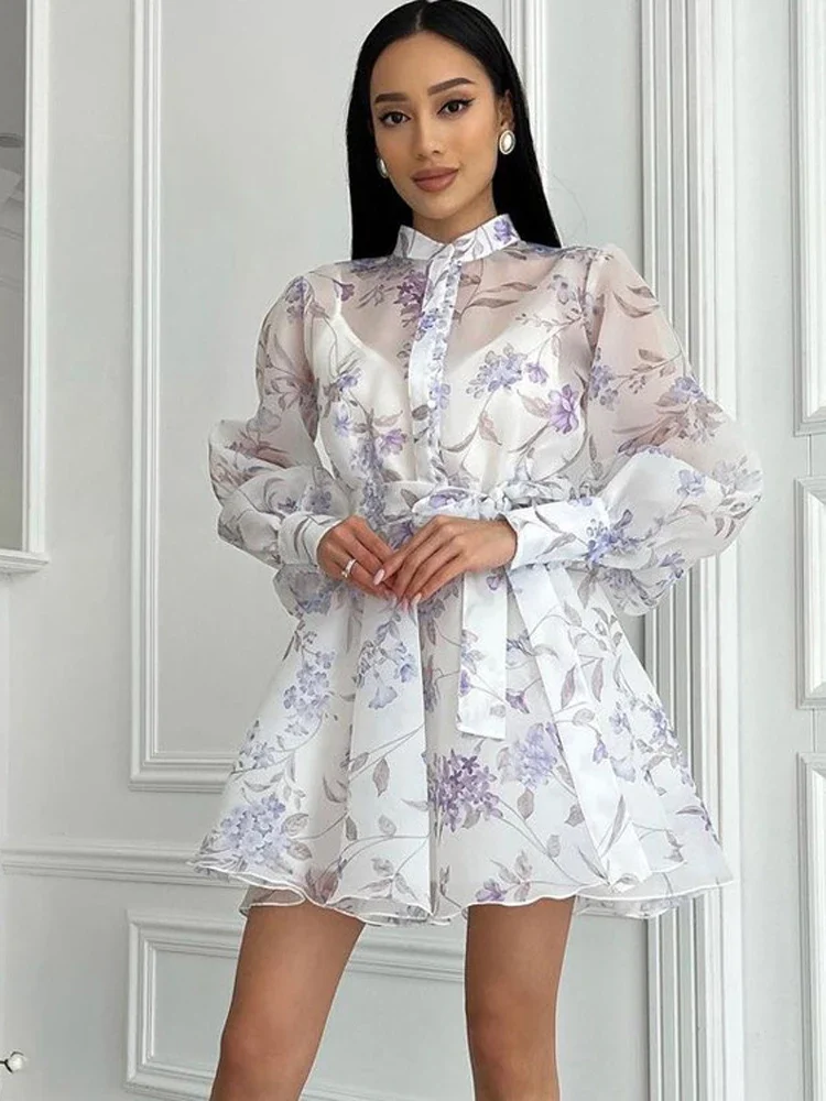 

Women Elegant Floral Stand Collar Mini Dress Chic Ruffle Cuff Waist Bow Tie Trimming Flowy Loose Hem Gown Casual Street Vestido