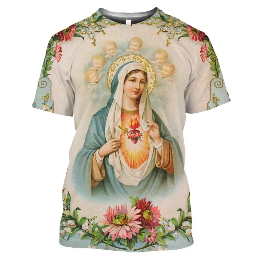 Summer Polyester O-Neck Loose Short Sleeve Men Clothing Tops Guadalupe Virgin Mary Catholic 3D Print T-shirt Oversized T Shirt