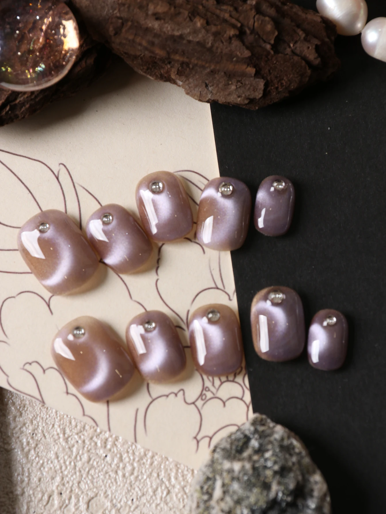 10개입 프레스온 네일 짧은 보라색 캣츠아이 브라운 인조 손톱 접착 탭 1장 & 미니 파일 1개 포함