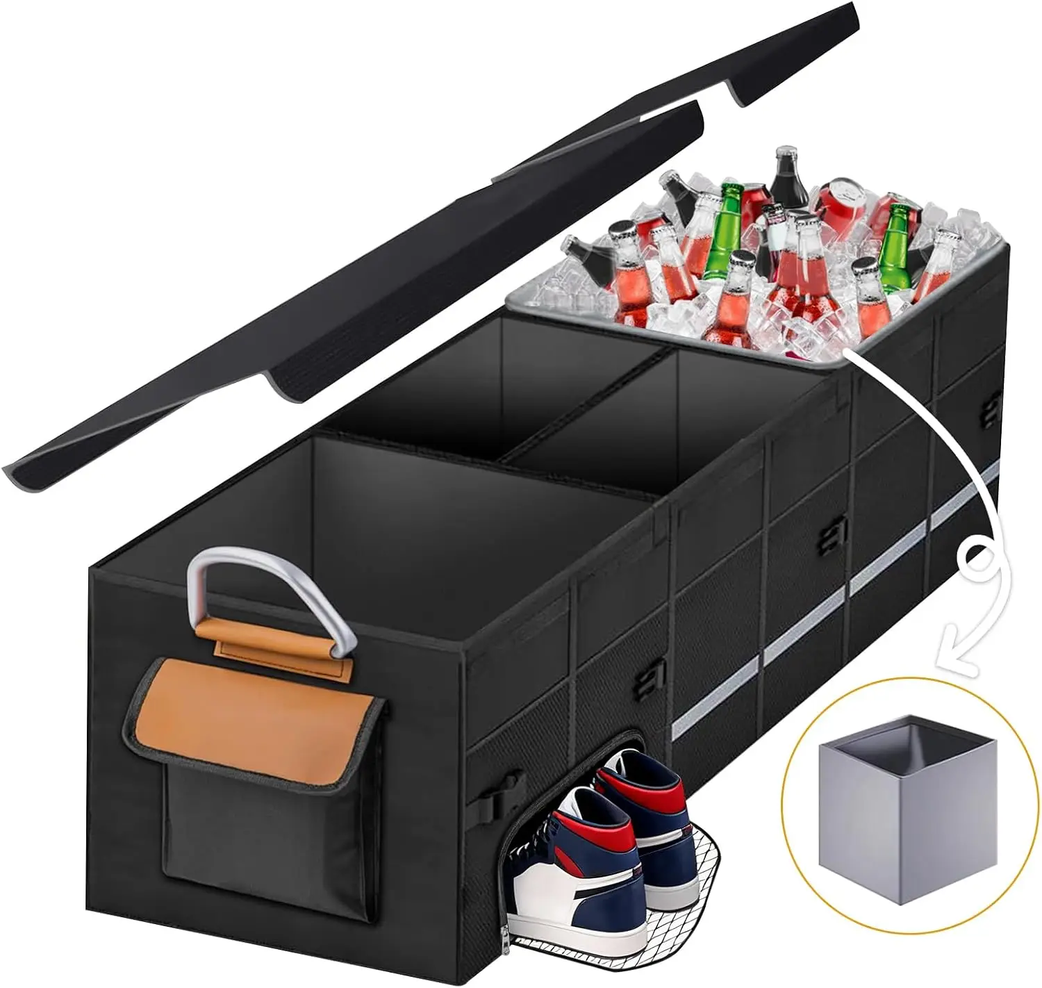 

Car Trunk Organizer with Lid, 30L Leakproof Cooler, Shoe Compartment, 1680D Oxford, 35.4”×13.7”×11.8”