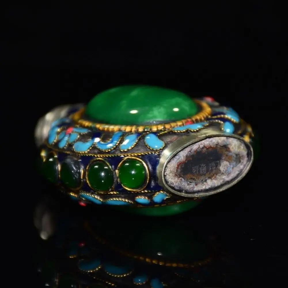 Vintage Handmade Cloisonne Snuff Bottle White Copper Base Inlaid Jade Gem Beads Statue Sculpture Width 7cm Thickness 4cm