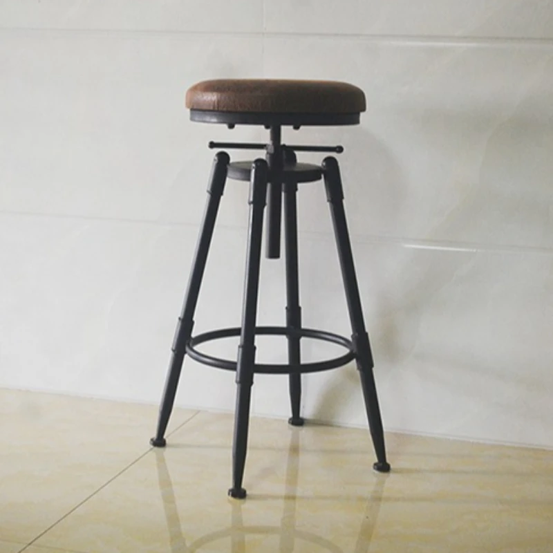 Rotatable lift, solid wood stool, wrought iron backrest, home bar stool, modern simplicity