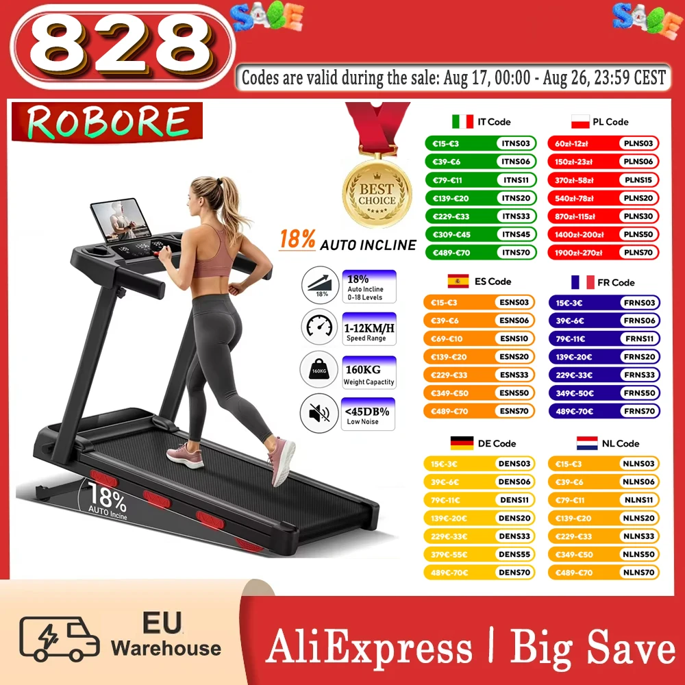 Tapis de course pliable ROBORE SF60, inclinaison automatique à 18 %, moteur sans balais 3,0 CV, vitesse 12 km/h, capacité 160 kg, triple absorption des chocs, bande de course à 7 couches, silencieux 45 dB, avec mains courantes, porte-gobelet, support tablette, pliable, gain de place, pour usage domestique