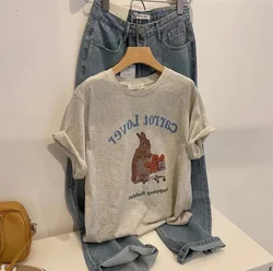 American Retro Grey T-Shirt Women's Shoulder Short Sleeve round Neck Pure Cotton Top Slimming Fashionable Korean Style Summer