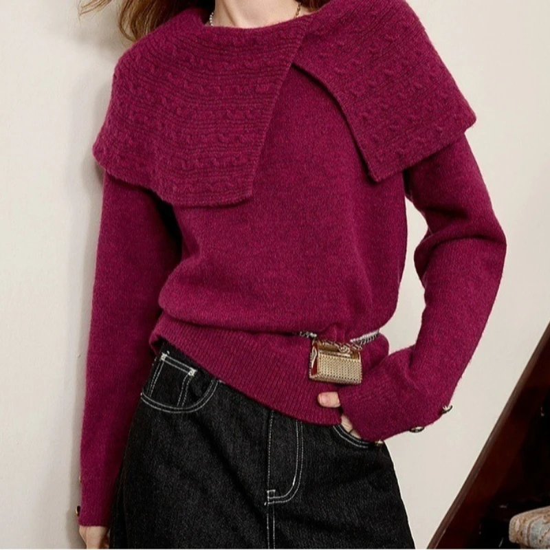 

2025 Autumn and Winter Loose Lapel Women's Sweater Top Irregular Pullover Sweater