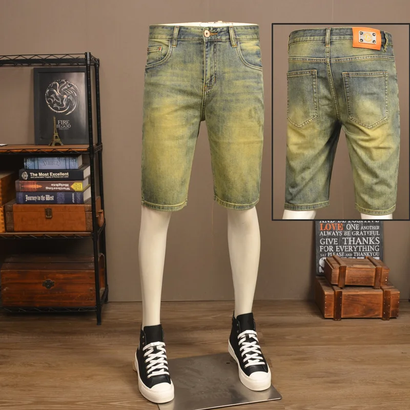 Летние тонкие ретро потертые желтые грязевые джинсовые шорты мужские высококачественные модные брендовые эластичные облегающие потертые повседневные шорты