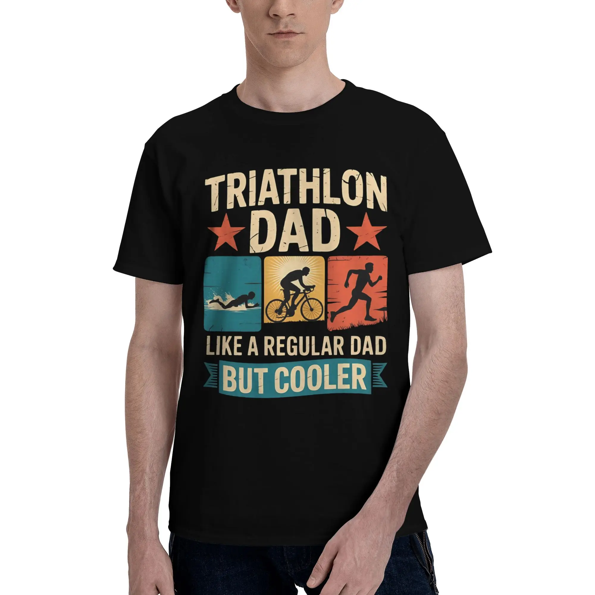 Men Women Print Triathlon Dad Swim Run Bike Father's Day  Tee T Shirt 100% Cotton  T-shirts Clothing