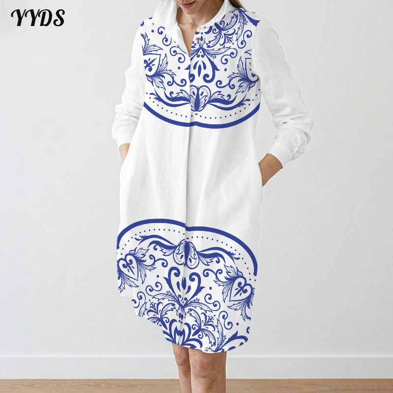 Elegant Shirt Dress For Women 2024 Casual Chinese Style White Long Sleeve Commuter Clothing Loose Button Up Lapel Blouse Dresses