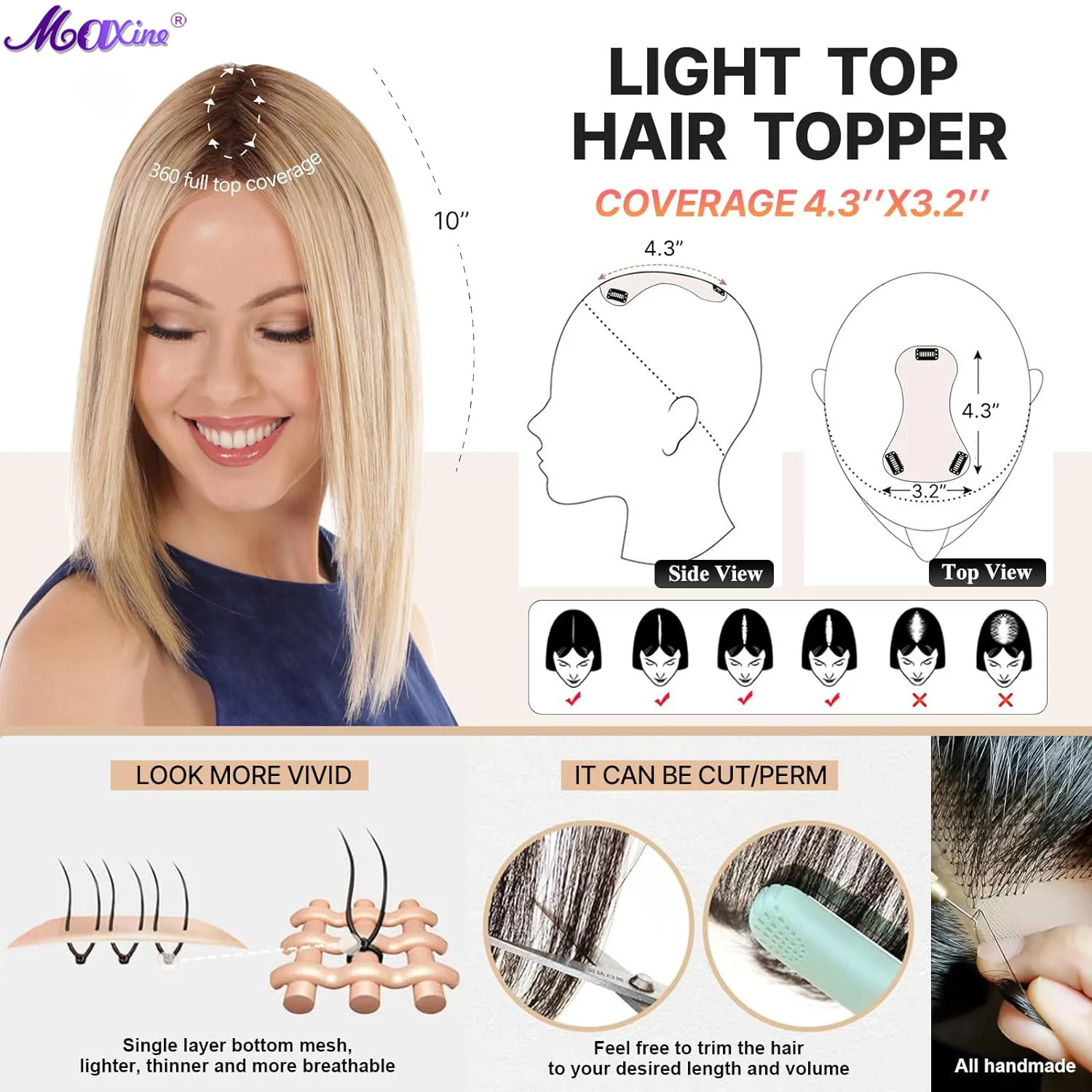 Human Hair Toppers for Women Real Human Hair 100% Remy Human Hair Toppers for Thin Hair 10inch Swiss Base Hand-Tied Straight