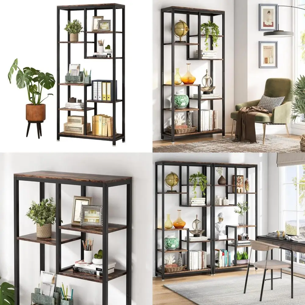 

Industrial-Style 8-Tier Bookshelf, Open Storage Display for Books and Decor in Living Room or Home Office
