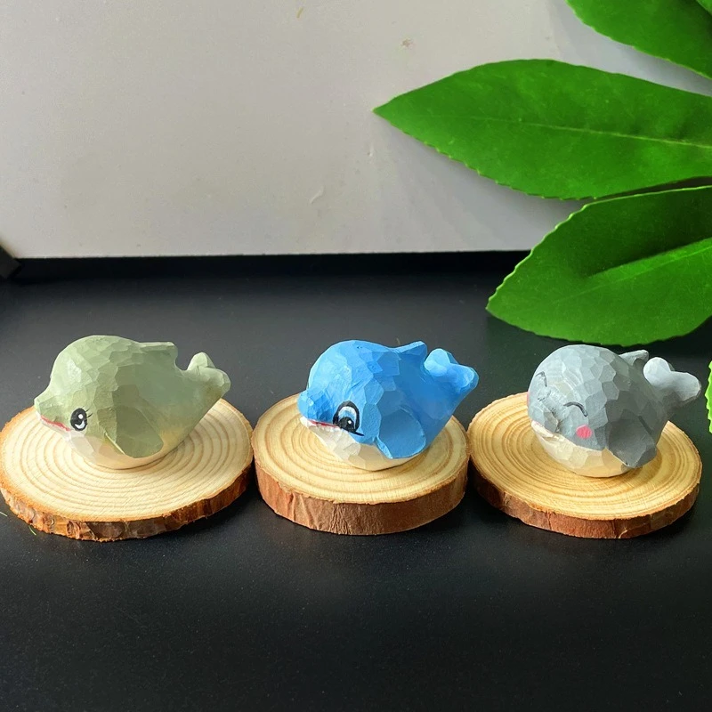 Hand Carved Wood Dolphin Figurine Cute Adorable Desk Decor Handmade Wooden Animal Craft Ornament Lovely Marine Animal Sculpture
