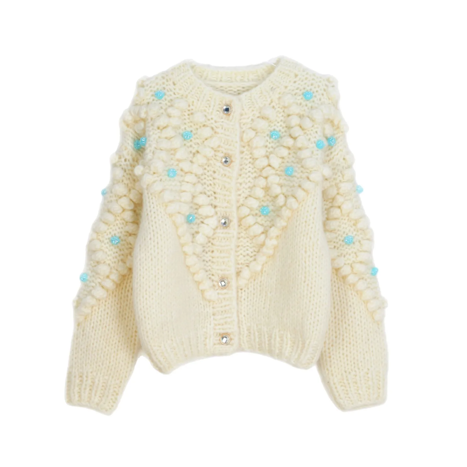 

2025 Autumn And Winter Hand-crocheted Ball Bohemian Chunky Needle Knitted Cardigan Sweater O-Neck Long Sleeve Thick Knit Coat