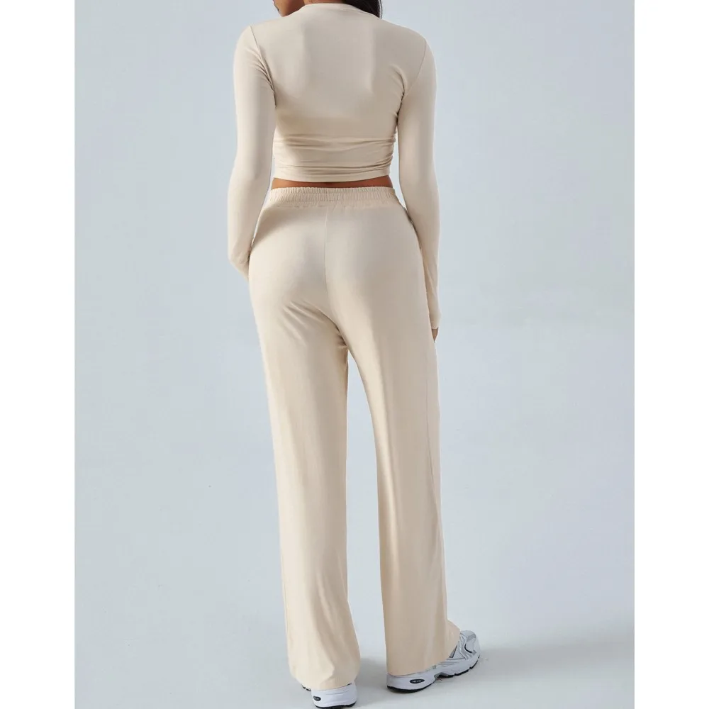 Traje de Otoño Invierno para mujer, pantalones informales de pierna ancha a la moda con cintura de Color sólido de encaje, estilo Simple holgado que combina con todo, cómodo