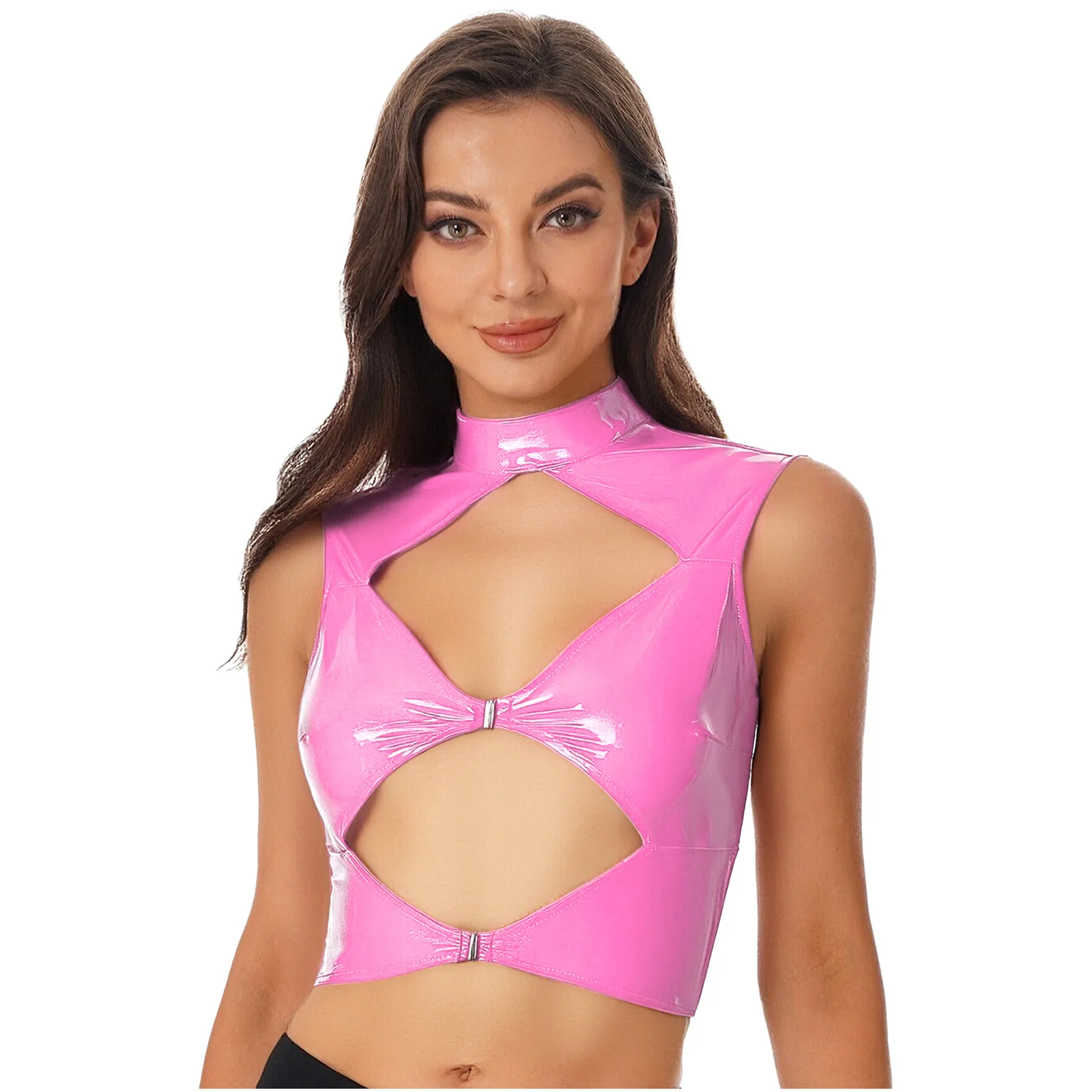 

Women Sexy PU Leather Tank Top Front Rhombic Hollow-out Mock Neck Sleeveless Slim Vest Crop Top for Nightclub Raves Party Vests