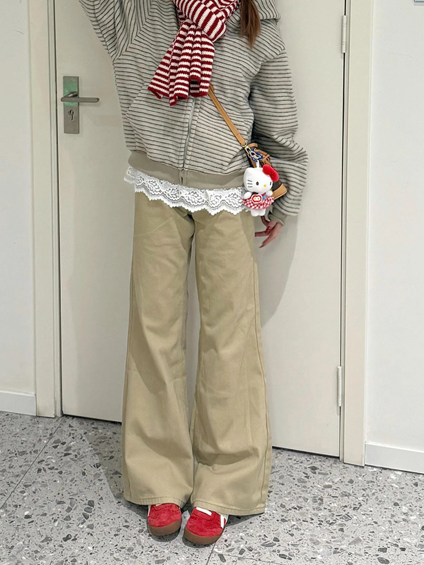 Retro American Fce Lined Khaki Loose Women's Jeans Autumn Winter plus Size Slimming Wide Leg Pants High Waist Zipper Closure