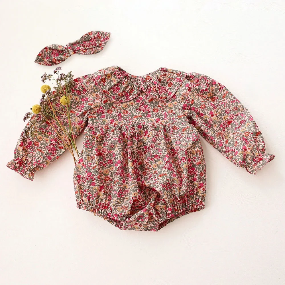 2Pcs Neugeborenen Baby Mädchen Romper + Haarband Revers Floral Baumwolle Floral Neugeborenen Strampler Infant Onepiece Mode Baby Kleidung
