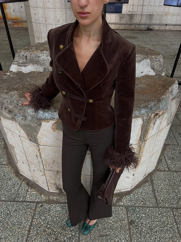 Y2k Retro Military Suede Jacket Women Stand Collar Gold Double Buttons Faux Fluffy Fur Cuff Slim Coats Fall Streetwear Outerwear
