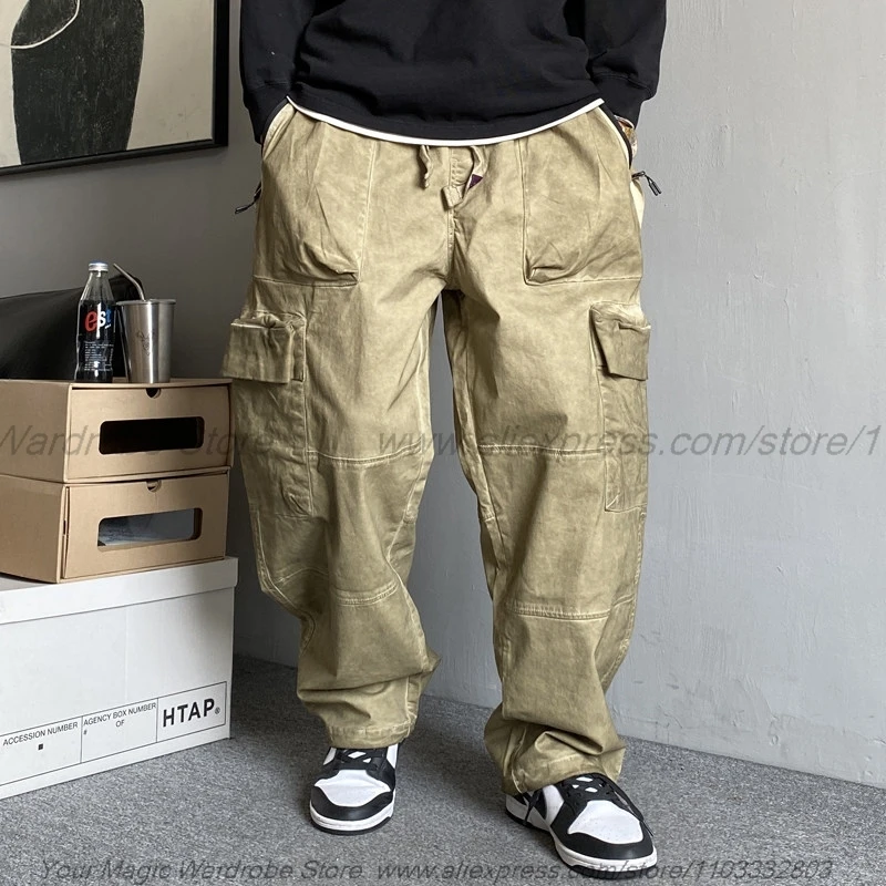 Retro Distressed Post-Apocalyptic Wasteland Style Dirty Wash Overalls Men Straight Loose Drawstring Wide-Leg Pants