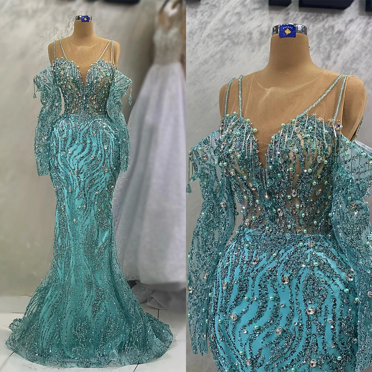 

Brilliant Evening Dress Mermaid Formal Occasion Dresses Off Shoulder Shining Sequins Beads Tassels Prom Dress Vestido De Noite