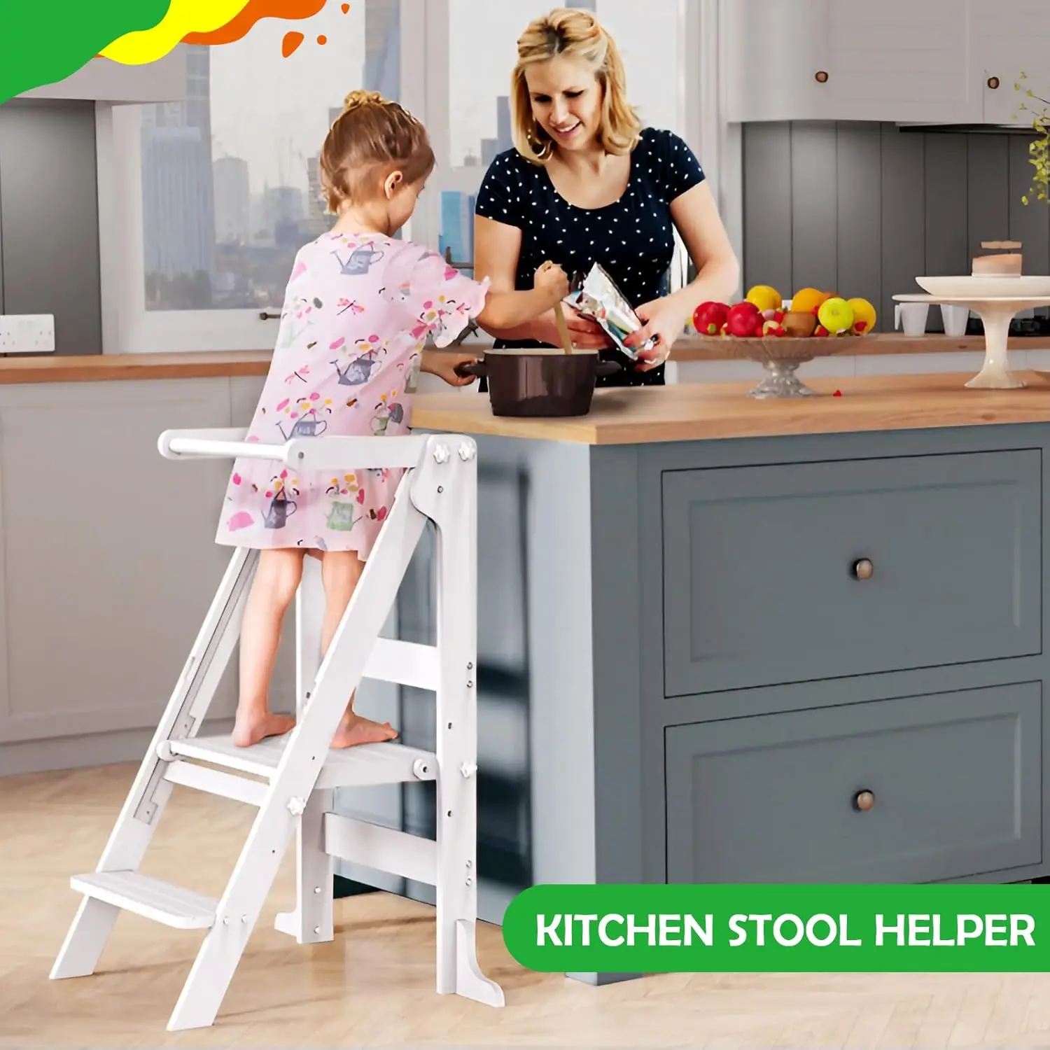 Tower Foldable with 3 Adjustable Heights & Double-Sided Drawing Board, Montessori Kitchen Step Stool Helper, Learning Stool with