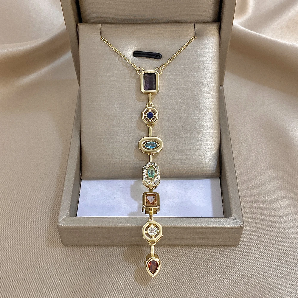 Vintage Geometric Colorful Zircon Long Pendant Necklace for Women Gold Plated Copper Collar Necklaces Jewelry Gifts