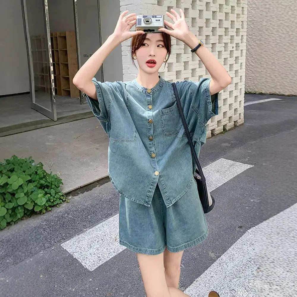 Elastic Waist Woman Shorts Denim With Jacket Office Short Sets for Women 2 Pieces Outfit Trends Top and Bottom Novelties Luxury