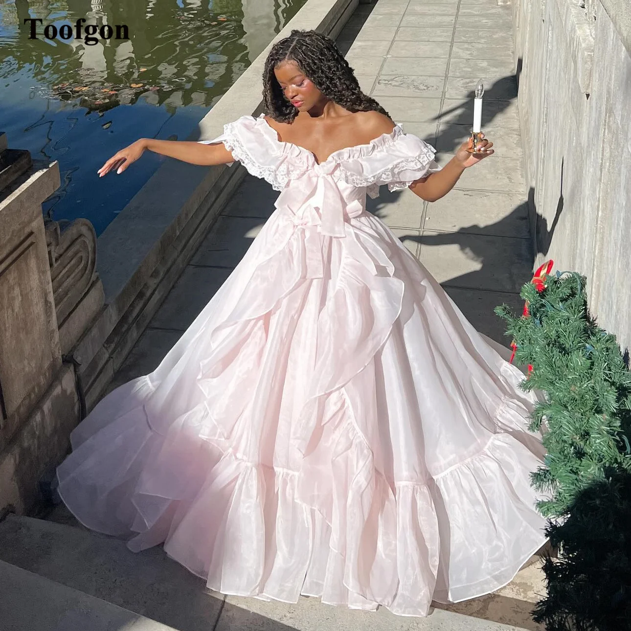 Customized Pink Organza Prom Dresses Off The Shoulder Pleated A Line Lace Formal Party Dress Evening Gowns Women Birthday Gowns