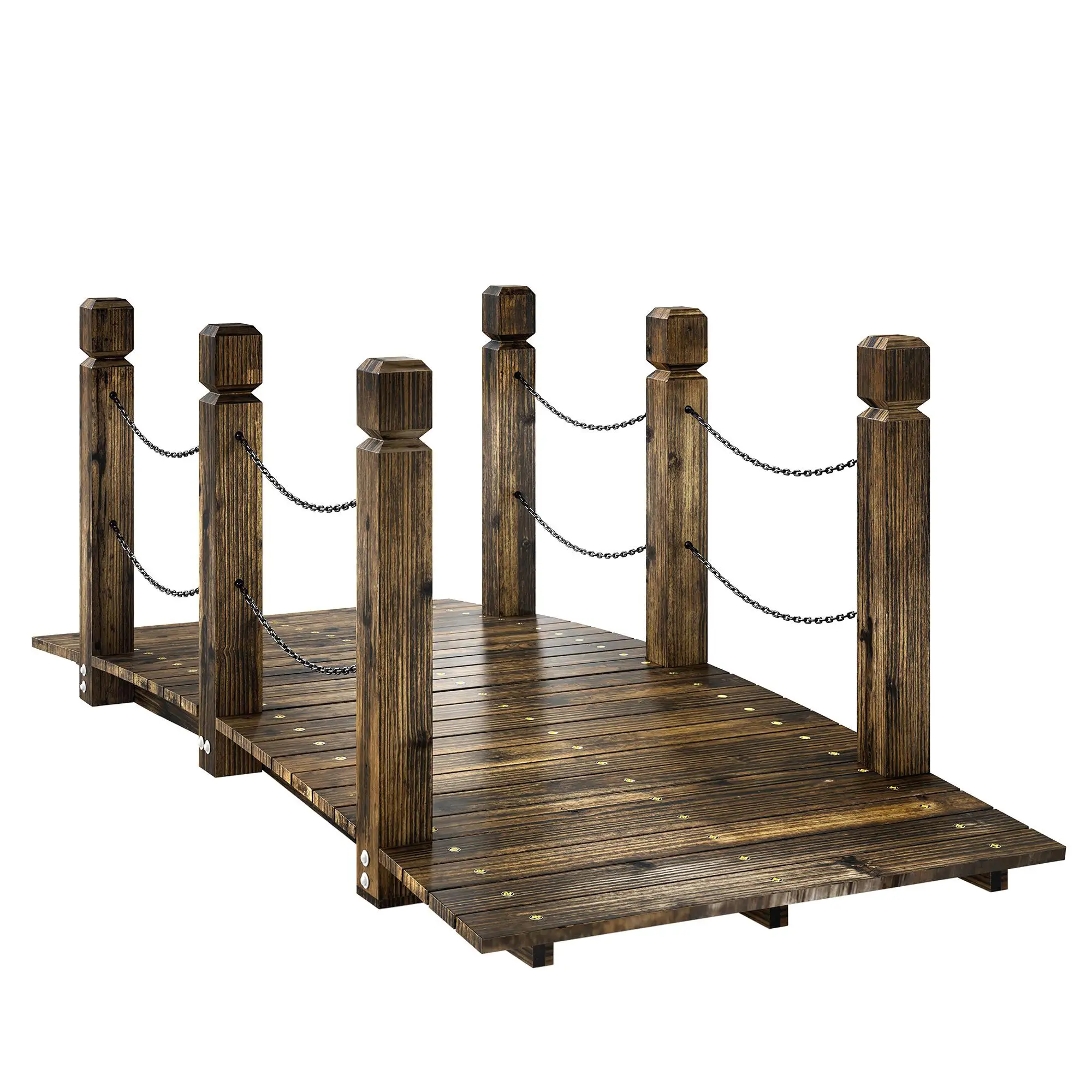 Pont en bois rustique de 151 cm avec balustrade pour bassin de jardin, robuste avec traitement en fibre de carbone