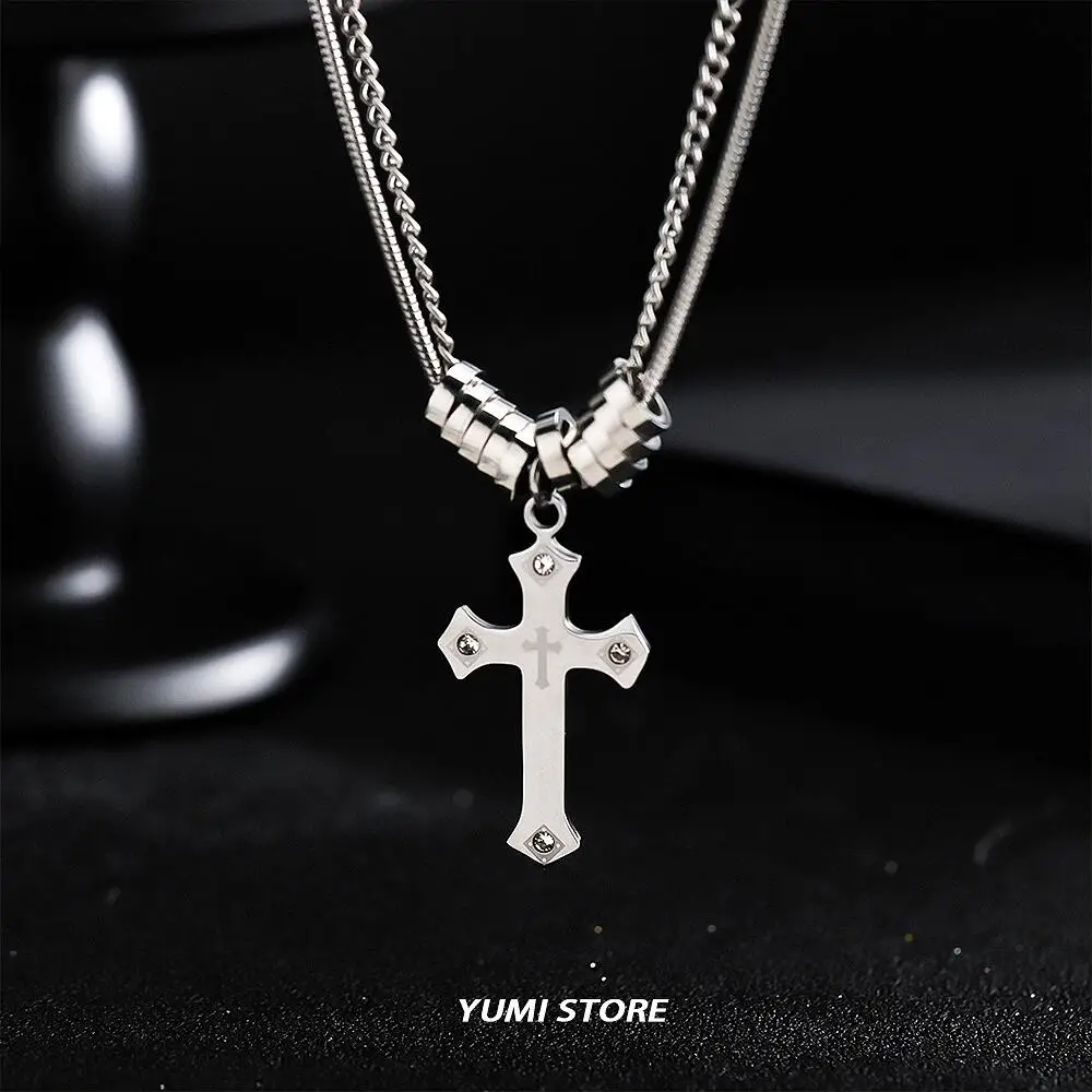 Titanium Steel Cross Double-layer Necklace For Man Woman Trend Sweater Chain Pendant Necklace Charm Jewelry Unisex Accessories