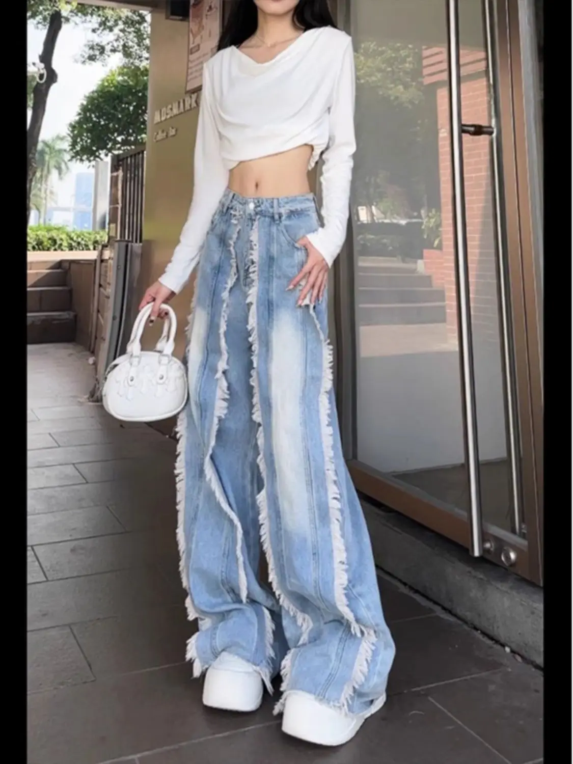 Washed American Deconstruction Splicing with Frayed Edge Design Jeans Women's New Style Tassel Loose Wide Leg Pants