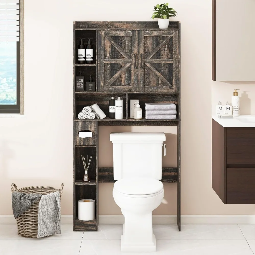 Over The Toilet Storage Cabinet, Farmhouse Storage Cabinet Over Toilet with 2 Barn Doors & Toilet Paper Holder Stand，Home Space-