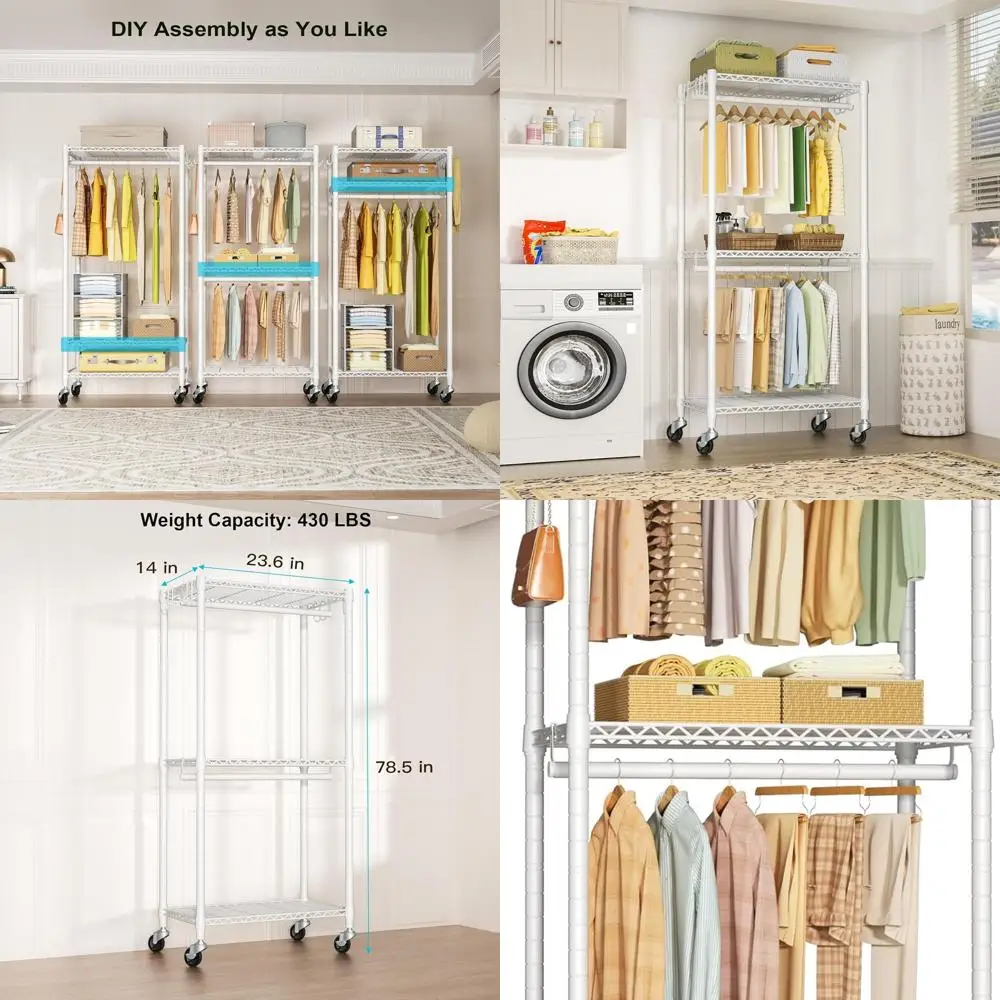 

Portable Heavy-Duty White Clothing Rack, 23.6 W x 14 D x 78.5 H, Holds up to 430 lbs