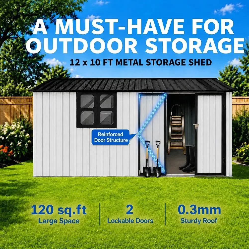10x12 Outdoor Metal Storage Shed with Window, Door, Worktable & 2 Shelves, Weatherproof Garden Shed in White & Black - view 2