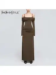 TWOTWINSTYLE Solid Spliced folds High Street Dresses For Women Lapel Long Sleeve Spliced Sashes Mini Dress Female Fashion New
