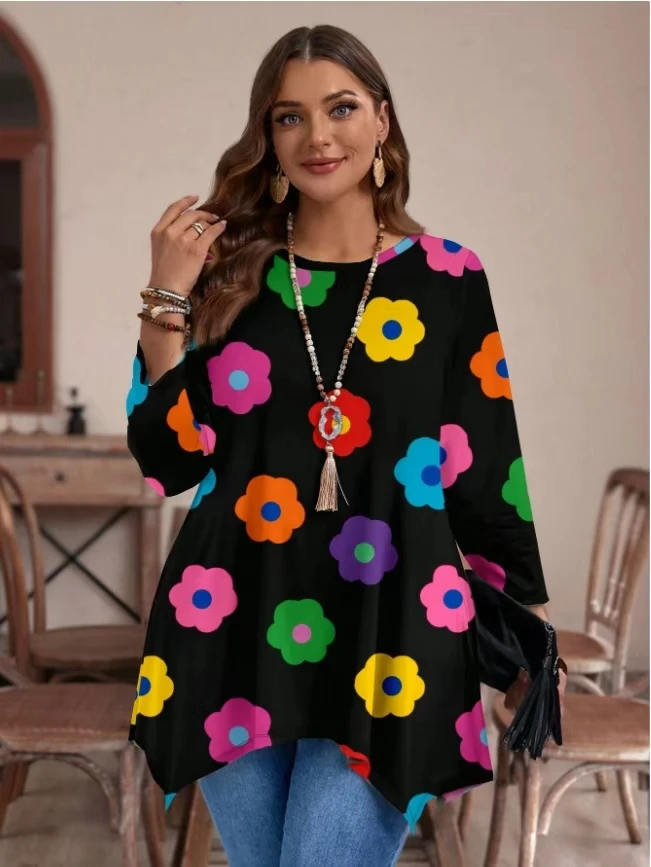 Chemisier noir imprimé floral coloré, grande taille, col smocké artistique, haut ample décontracté avec décolleté de déclaration pour tous les jours