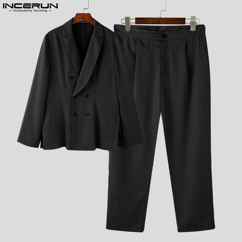 INCERUN 2024 American Style Simple Sets Men's Long Sleeved Suit Coats Pants Handsome Men's Fashion Striped Two-piece Sets S-5XL