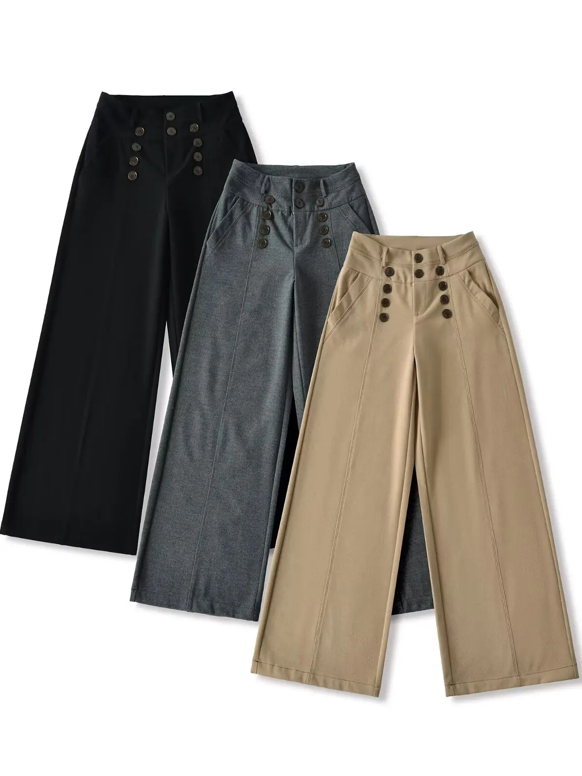 Elegant High Waist Wide Leg Pants Women's Grey Slimming Suit Trousers Double Buttoned Woolen Fashion Office Wear